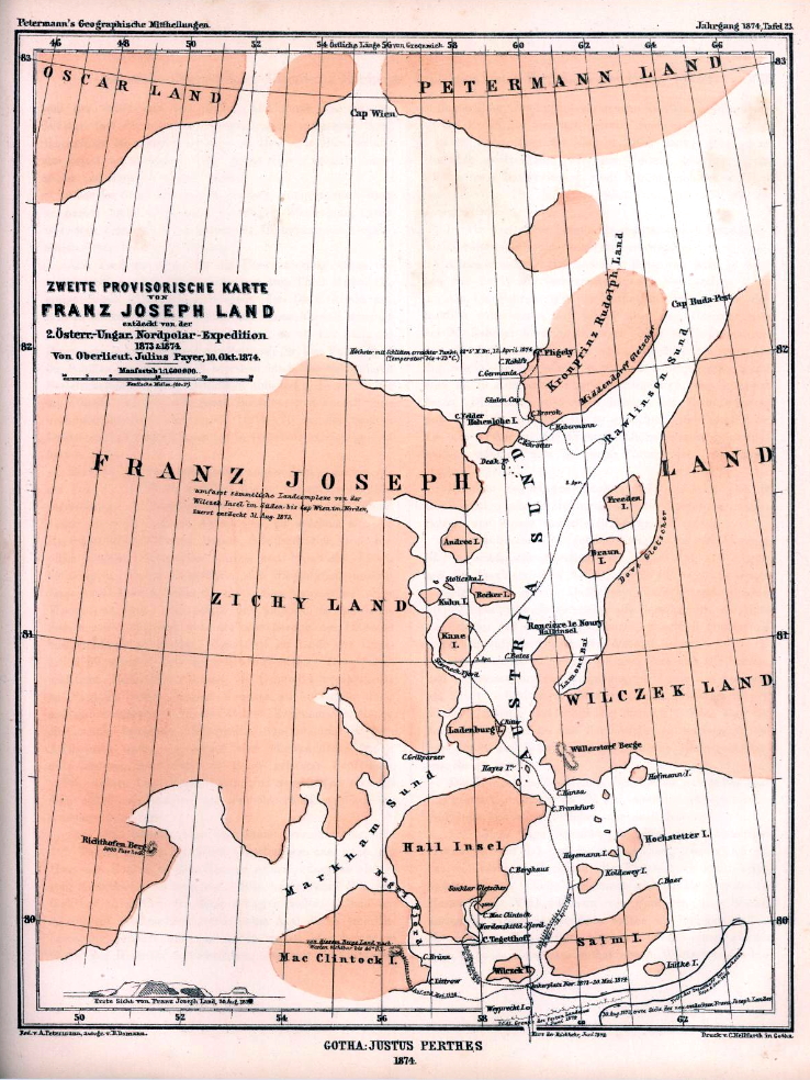 Peternmanns provisorische Karte Franz Josephs Lands nach Payers Angaben mit Petermann Land im Norden